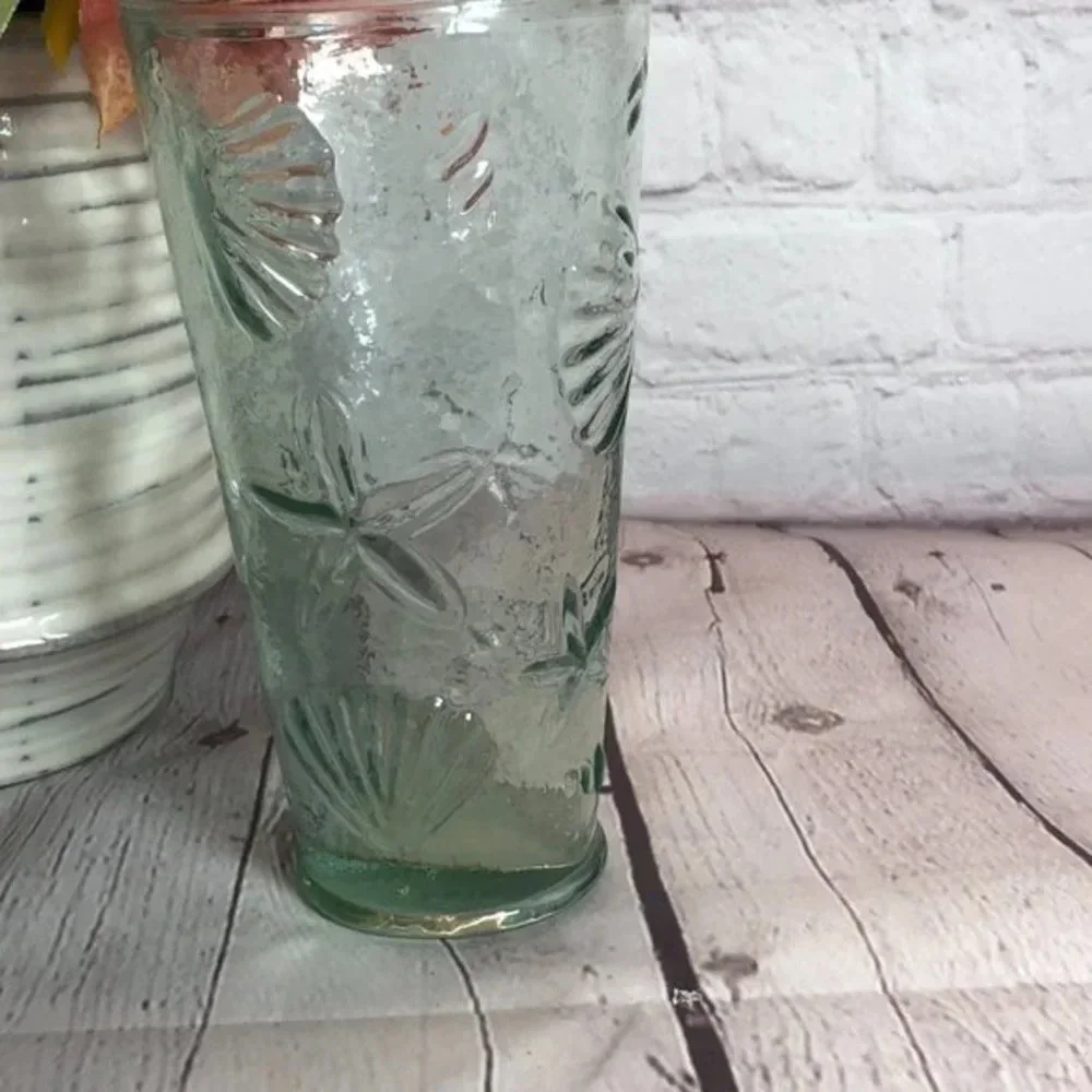 vintage glass vase with beach themed imprints